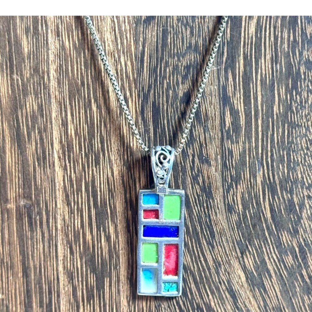 Vintage Sterling Silver Geometric Mosaic Pendant Turquoise Lapis Inlaid Necklace